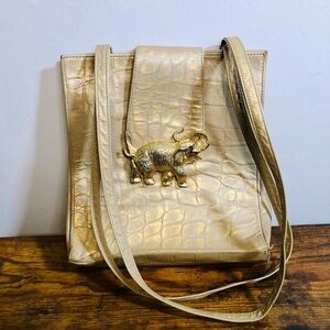 Vintage Tan Leather Lucky Elephant Hardware Handbag Purse
